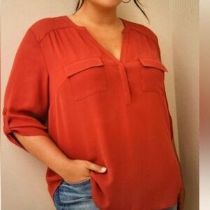 0 Torrid Harper rust long sleeve V neck button front pockets rolled sleeve top
